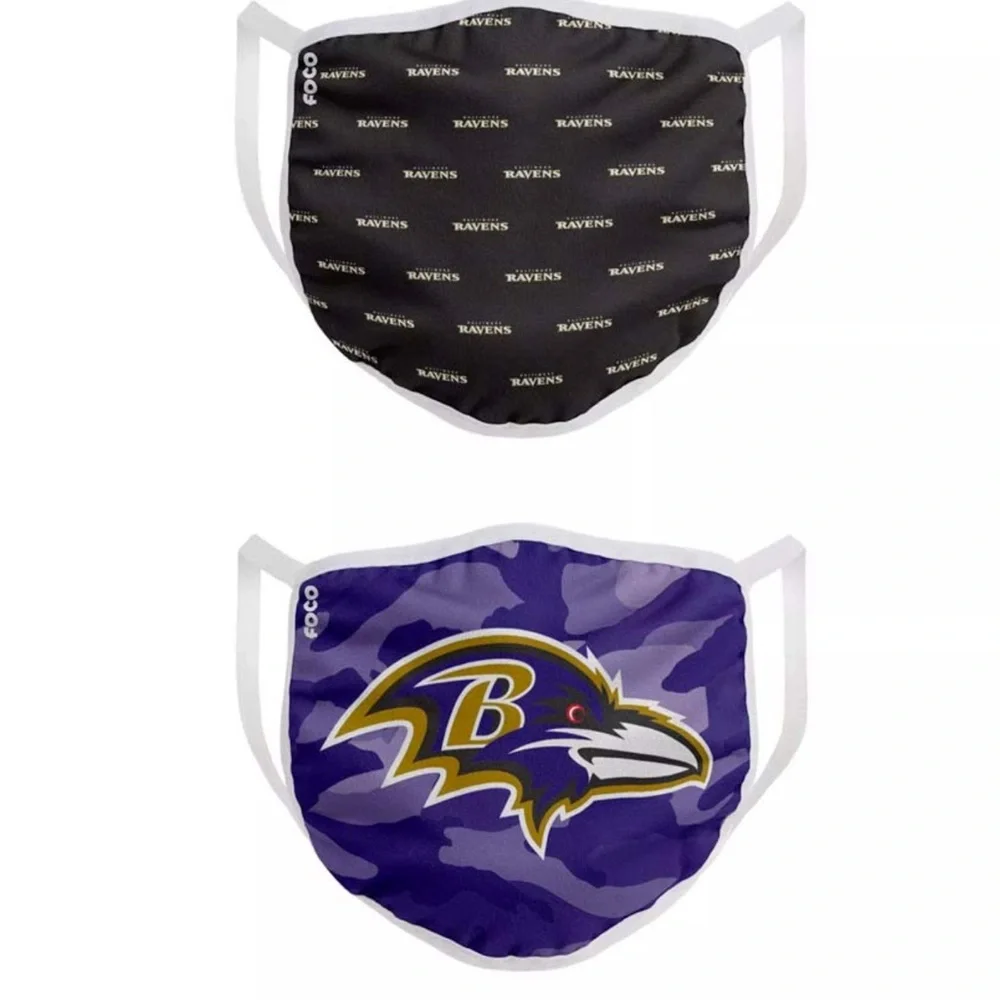 FOCO NFL BALTIMORE RAVENS 2 PACK FACE COVERINGS MASKS PURPLE BLACK UNISEX NWT